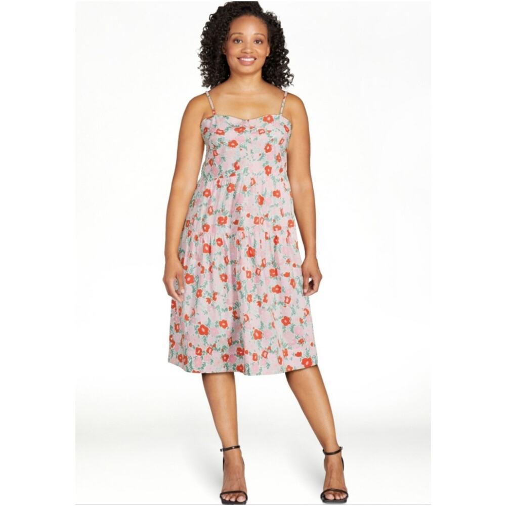 Free Assembly Red Pink Floral Tiered Tie Back Tank Dress Sz M NWT